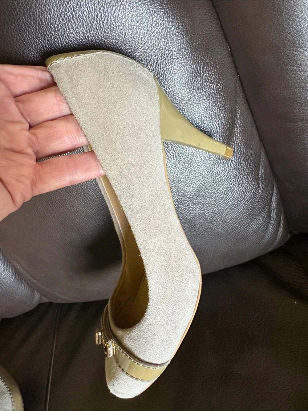 Coach ‘Wanda’ Taupe Suede Pumps
Pretty Gold Accent.
Classic Style and Beauty. - Picture 4 of 13
